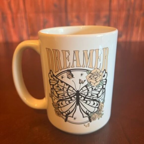 Dreamer white Ceramic Coffee Mug Butterfly & Roses Design comfortable handle - Picture 4 of 5